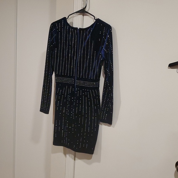 Windsor Royal Blue Velvet Rhinestone Wrap-Front Long Sleeve Dress - Picture 5 of 5